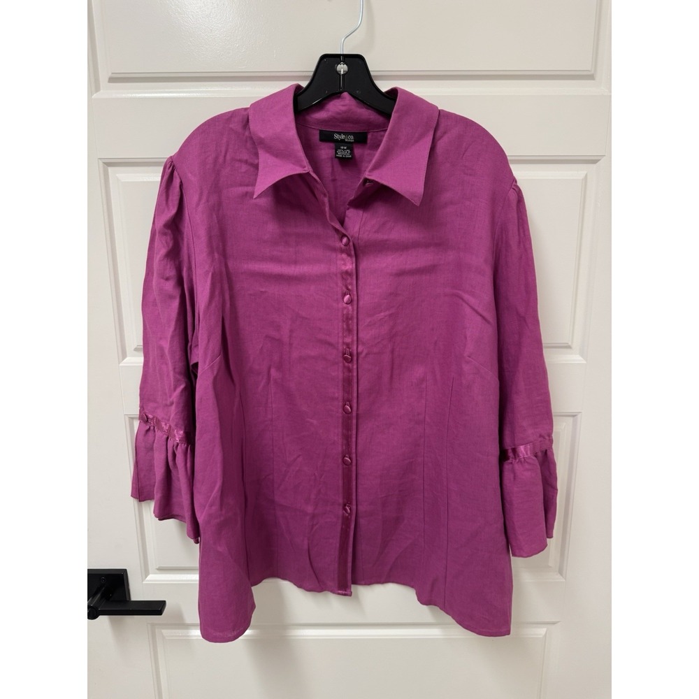 Style & Co Woman Purple Linen Blouse Ruffled Bell Sleeve Button Front Top 18W